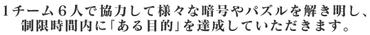 1チーム6人で協力して様々な暗号やパズルを解き明し、制限時間内に「ある目的」を達成していただきます。